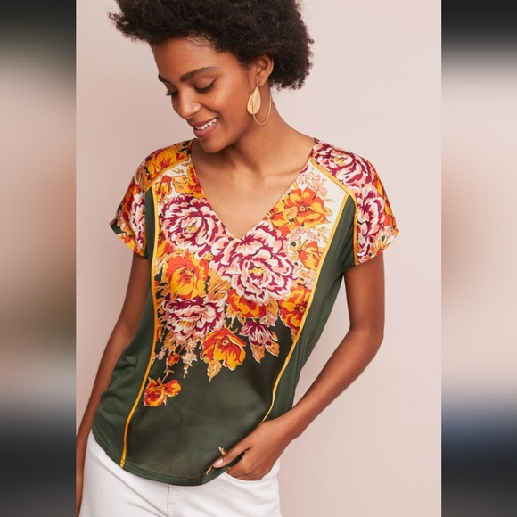 💚🏵️ Anthropologie Tiny Evesham Satin Floral Top, S - Picture 1 of 14